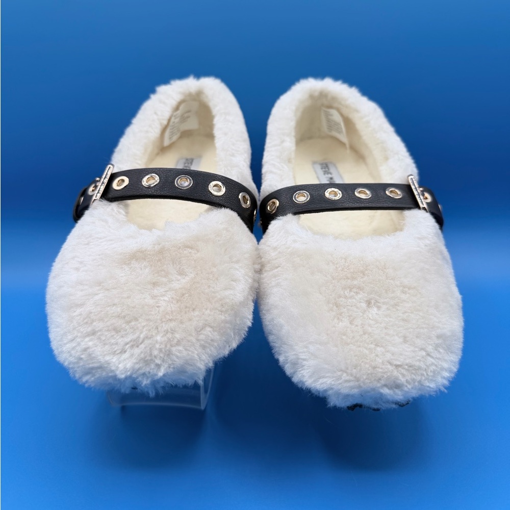 Steve Madden Cream Furry Flats with Black Strap - Picture 2 of 6